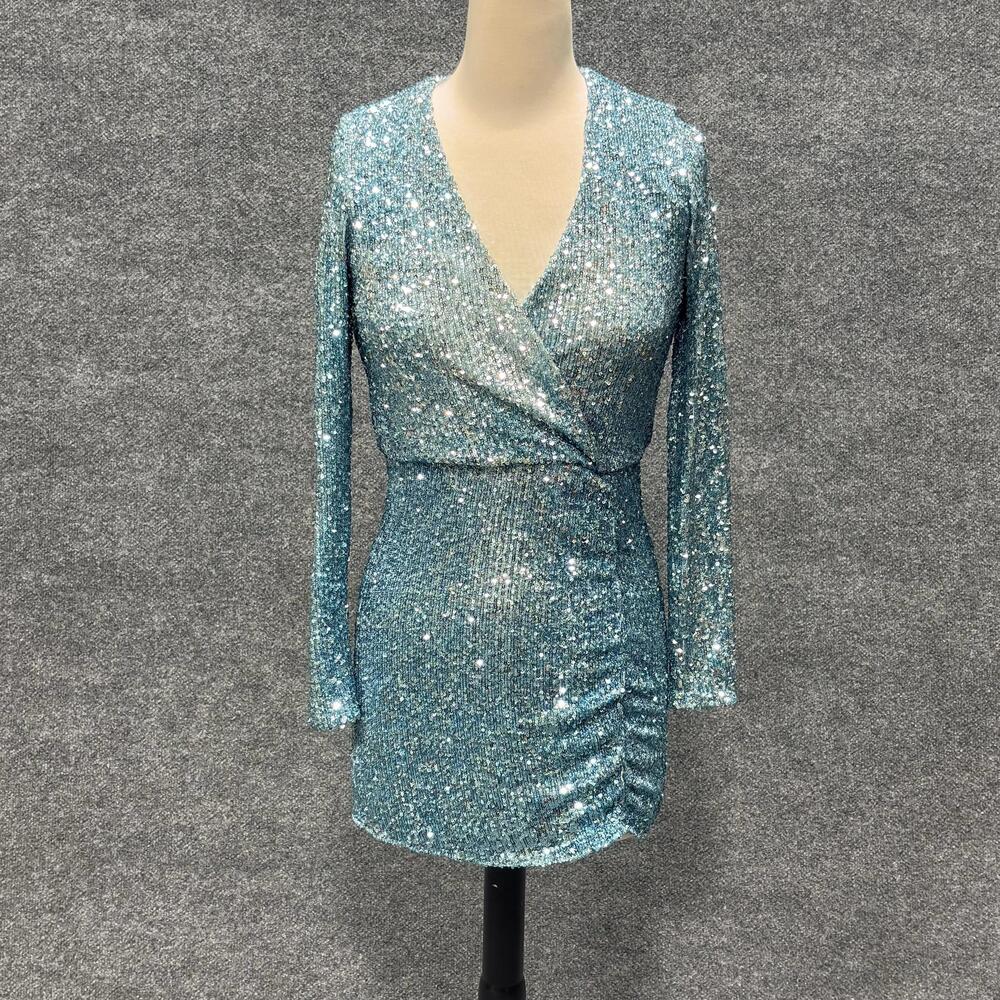 Show Me Your MuMu Dress Womens XS Blue Sequin Wrap Ruched Long Sleeve Mini